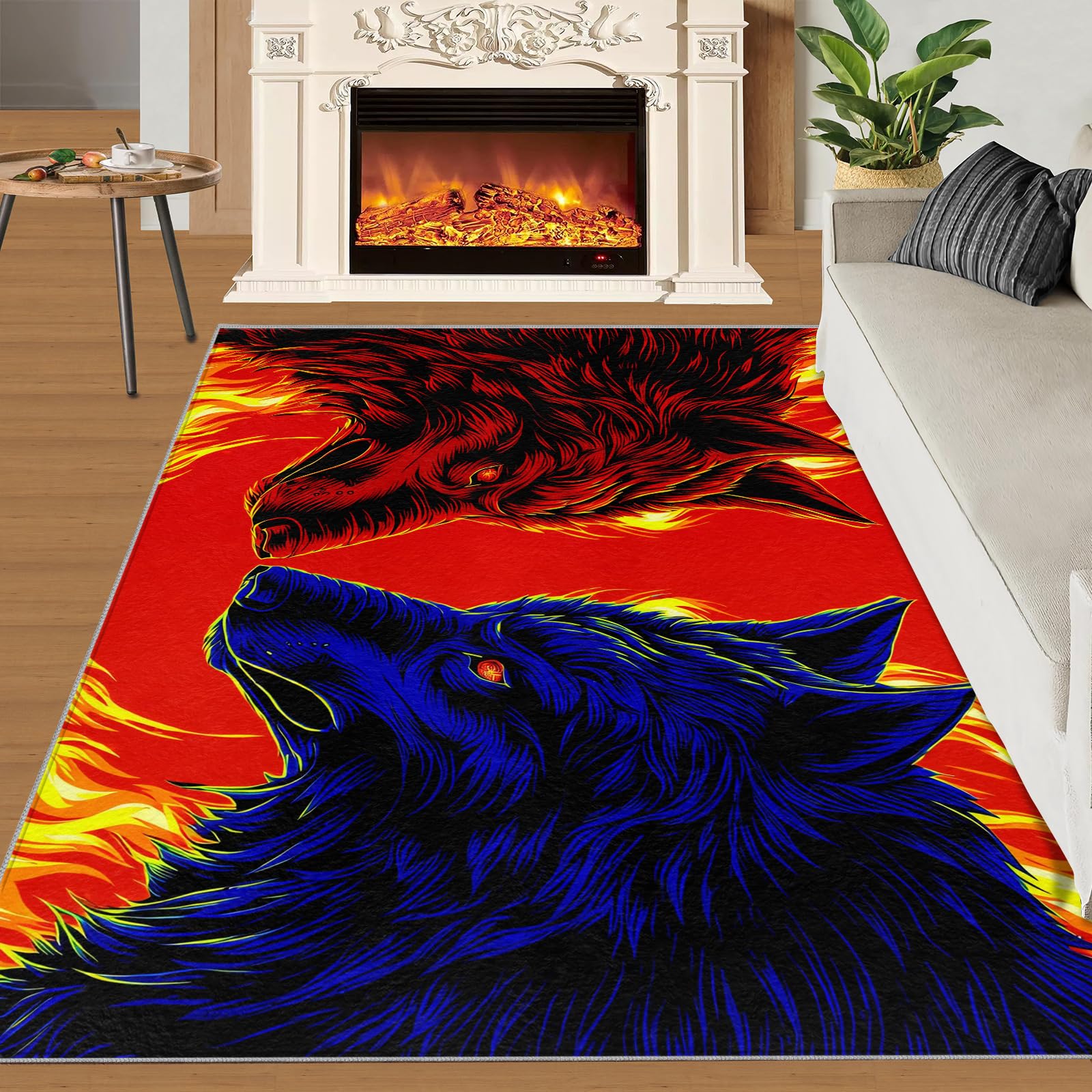 SANSJI 3D Wolves Rugs for Living Room, Galaxy Animal 180x270 Carpet, Luxury Fire and Ice Area Rugs Non Slip Washable Mats, Orange Blue Indoor Rugs for Bedroom
