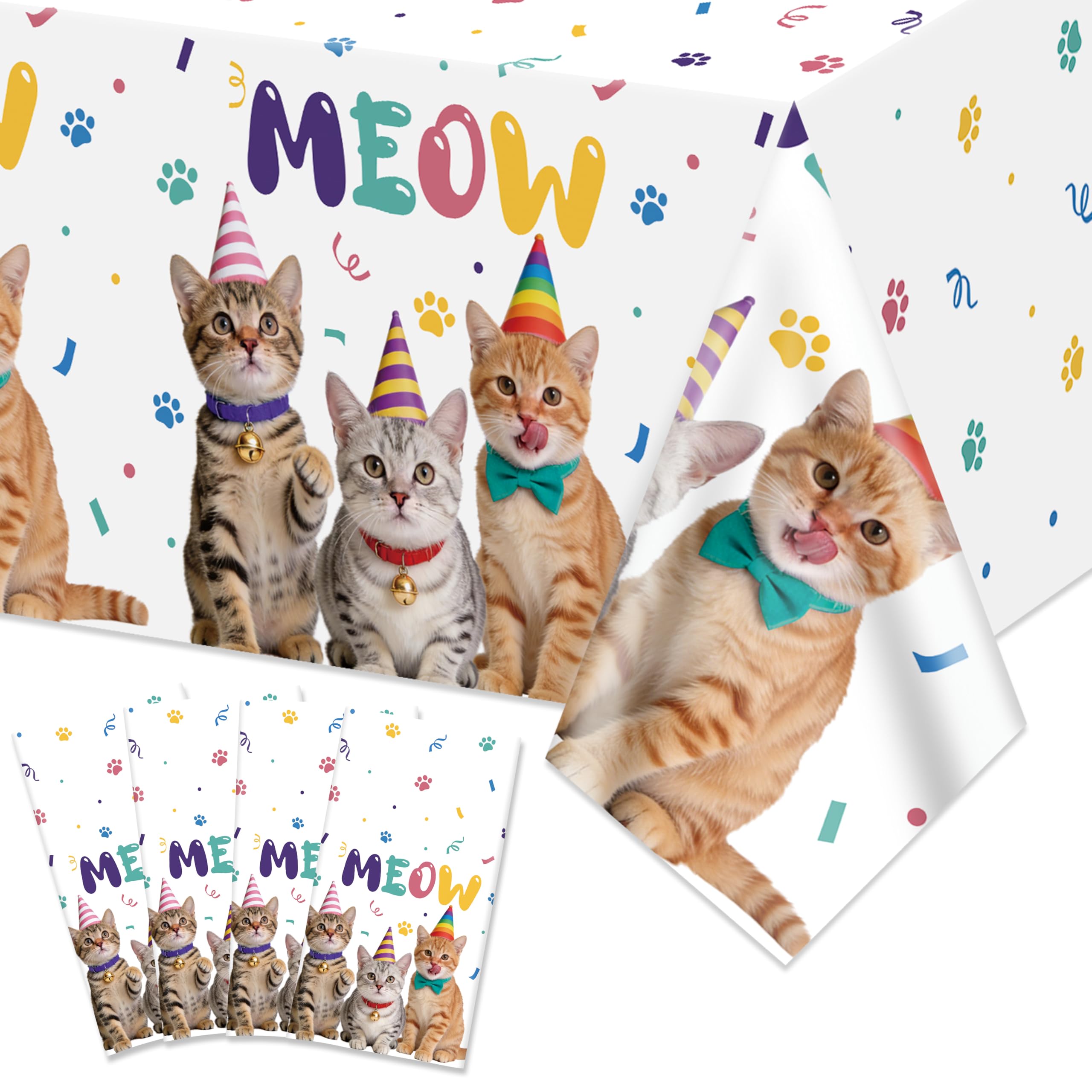 Hegbolke 4 Pack Cat Party Tablecloths - 130 x 220 cm Waterproof Rectangle Cat-Themed Tablecloths for Cat Birthday Party Decorations Let’s Pawty Birthday Decorations, White