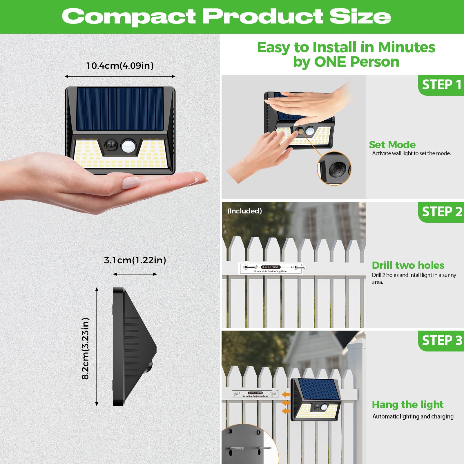 nipify Faretto Led da Esterno Solare，8 Pezzi Luce Solari Esterno con Sensore di Movimento, 3 Modalità Impermeabile Faretti Solare per Giardino, Cortile, Patio, Garage, Parete (Bianco Caldo)