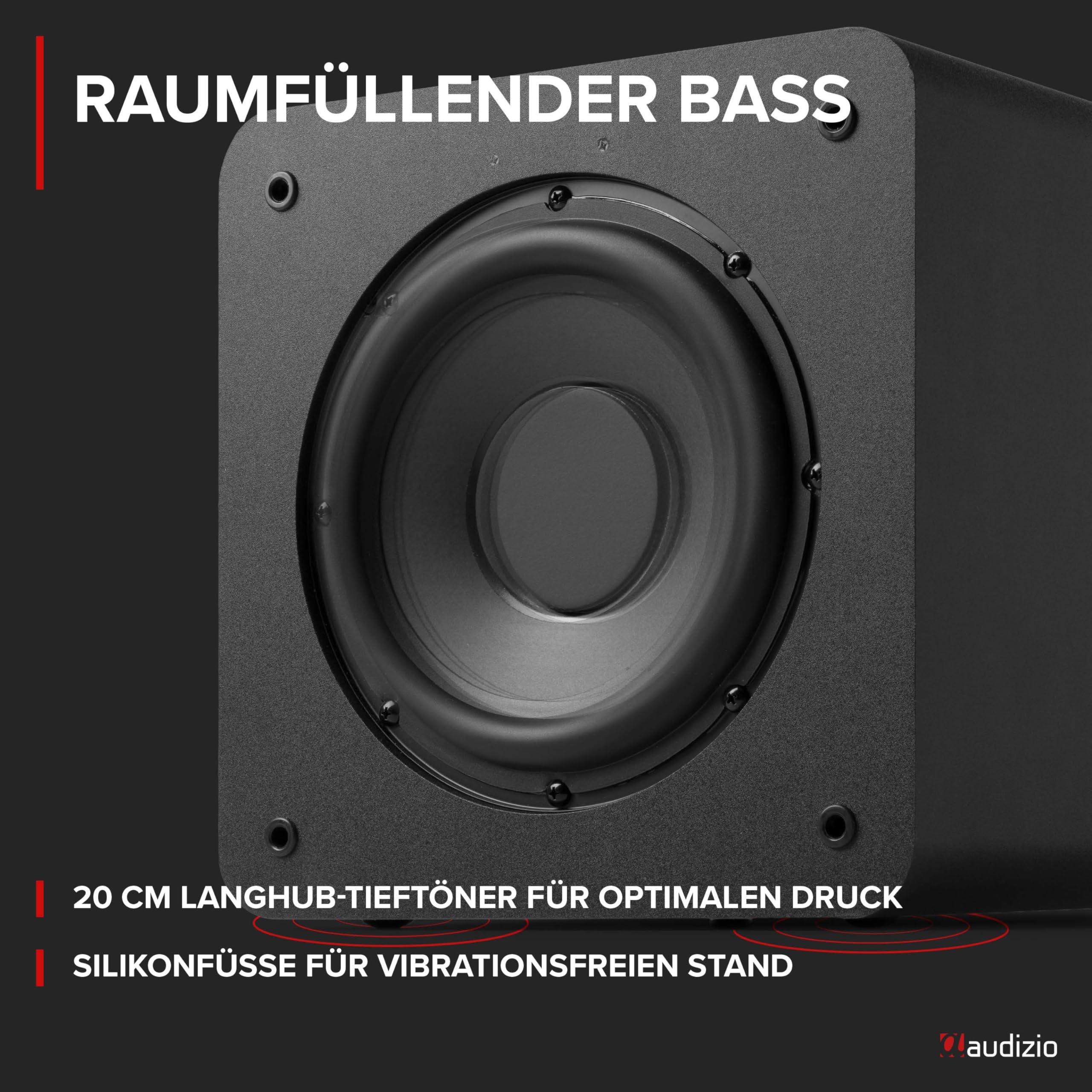 Audizio SW80D Subwoofer Aktiv - 160 Watt - 8 Zoll, Leistungsstarker Aktiv Subwoofer Heimkino - Für Klare Bässe, Eingebauten Class-D-Verstärker, Beeindrückende Audiowiedergabe von 60 Hz bis 250 Hz
