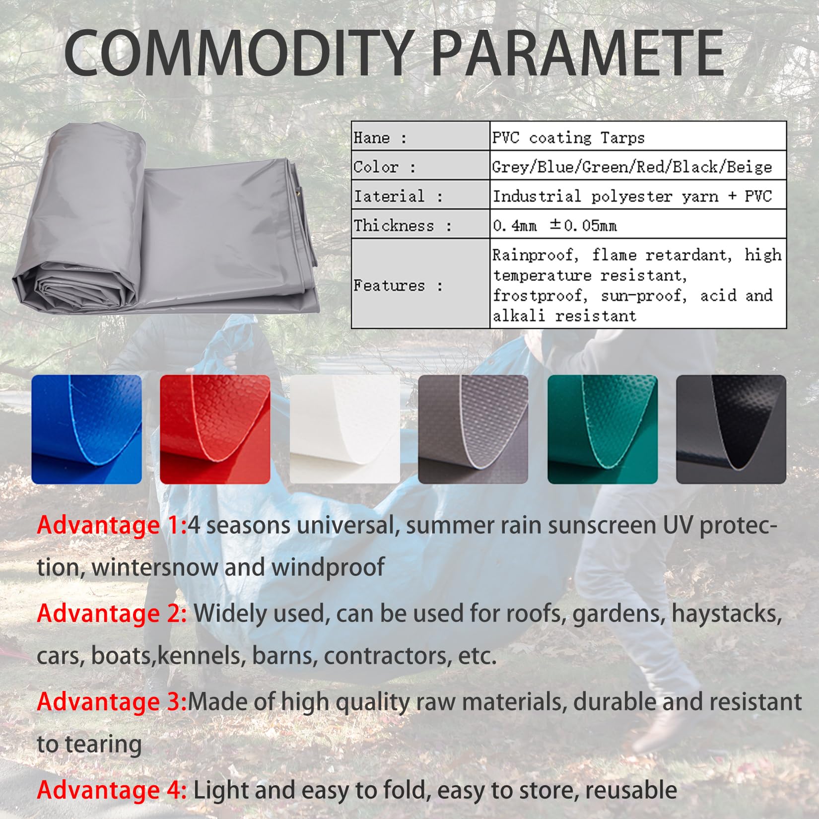 Bâche de Protection Multi-usages,2x20m 400g/m² Bois PVC bâche imperméable avec œillets Couverture de Haute densité, Résistante aux Intempéries et aux Déchirures,Grey