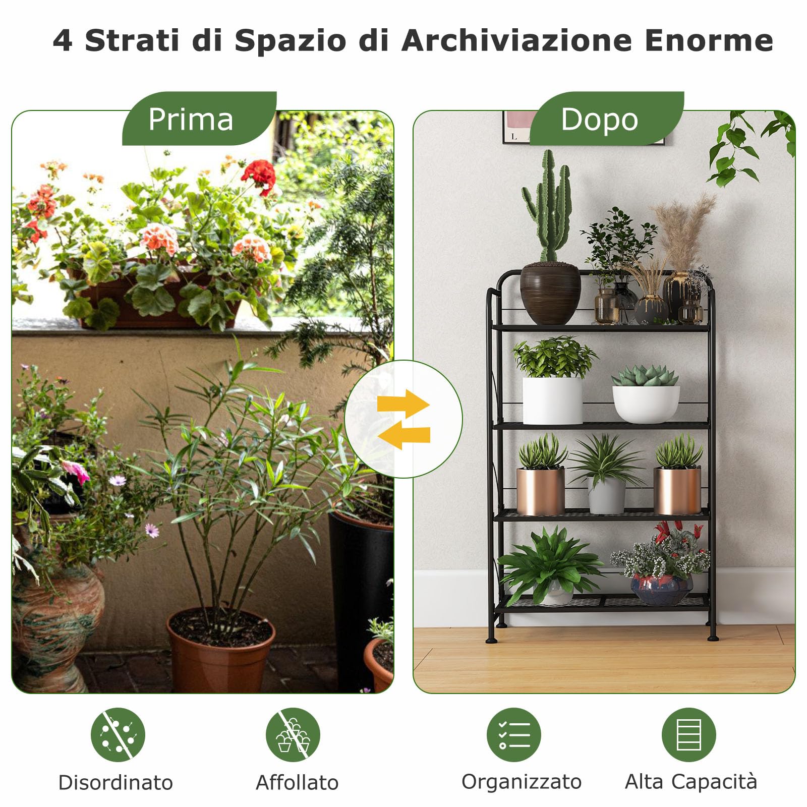 RELAX4LIFE Porta Piante a 4 Ripiani, Scaffale per Piante Pieghevole in Metallo, Porta Vasi con Ripiano Regolabile e Piedini Regolabili, Portavasi Decorativa per Giardino, Balcone e Patio
