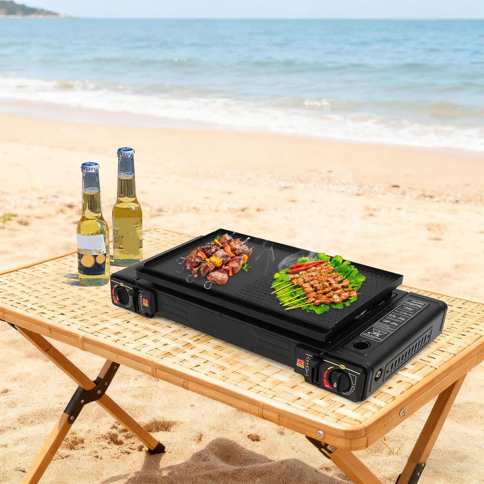 Fornello da campeggio a 2 fuochi da 2500 W, con piastra e borsa per il trasporto, fornello a gas portatile con accensione piezoelettrica e protezione da sovratensione, barbecue a gas per esterni, per