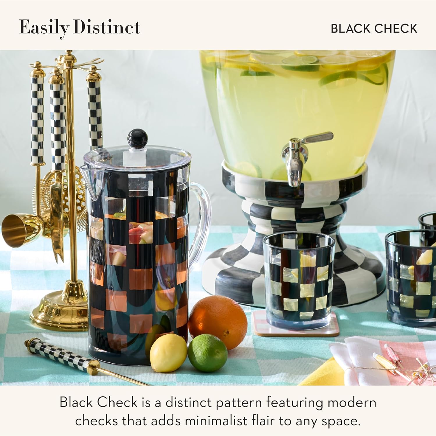 MACKENZIE-CHILDS Set of 4 Acrylic Wine Goblets, Stemmed Drinking Glasses, Decorative Glassware, 12 Ounces, Black Check