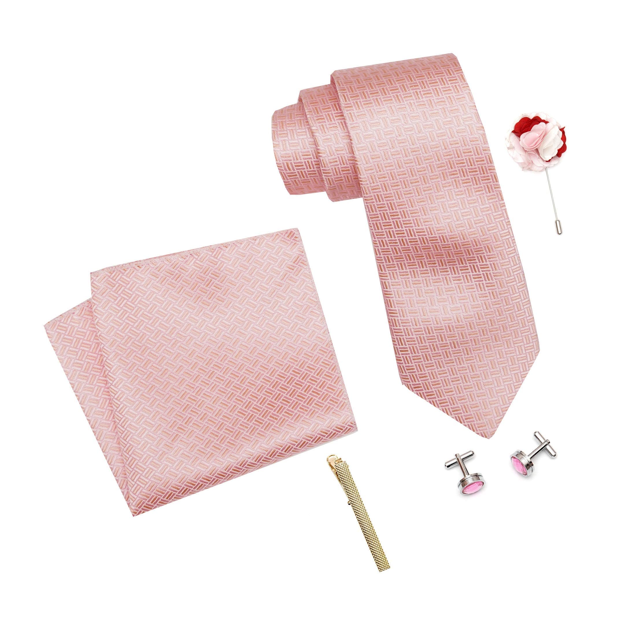 rizoro Mens Plaid Micro Self Silk Light Pink Necktie Gift Set With Pocket Square Cufflinks Brooch Pin Men Tie Clip Formal Tie With Wooden Gift Box (RSWW_24, Free Size)-picture-40