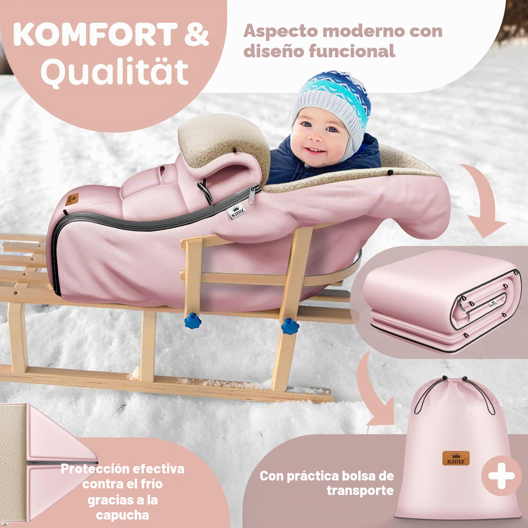 KIDIZ® Saco de Bebé de Invierno Con Cremallera, Peluche, Bolso, Manta Lavable Para Cochecito Con Cabecera, Apto Para Todos Los Cochecitos (Rosé Gold)