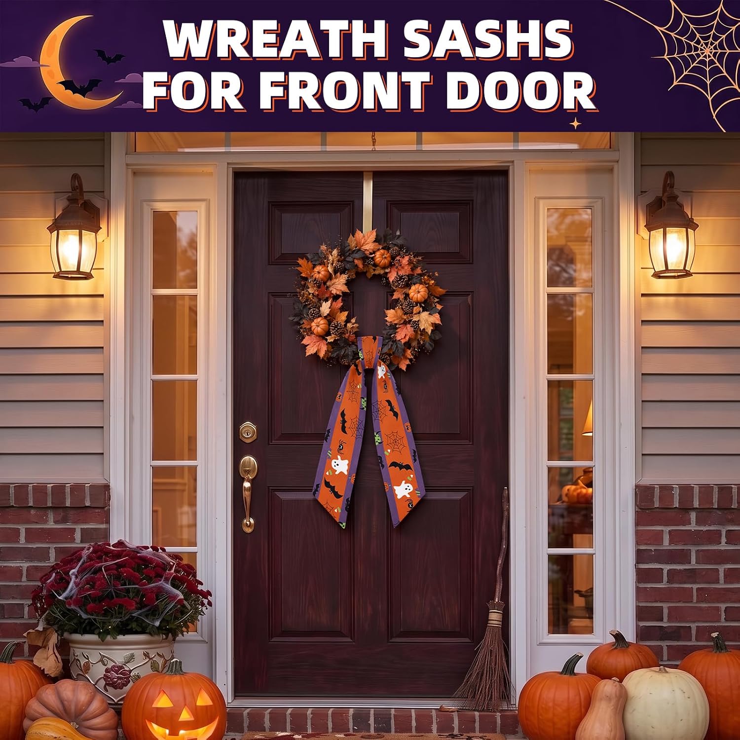 Purefun Halloween Wreath Sash for Front Door Wreath, Linen-Like Woven Ribbon Bow Sash, 55 x 5 Inch Orange Purple Holiday Wreath Decor for Doorway Indoor Covered Outdoor Wall Home Decor