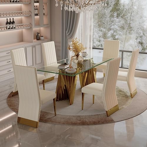 Juego de mesa de comedor de 7 piezas, juego de mesa de comedor para 6, mesa de comedor de vidrio transparente con 6 sillas de comedor tapizadas de
