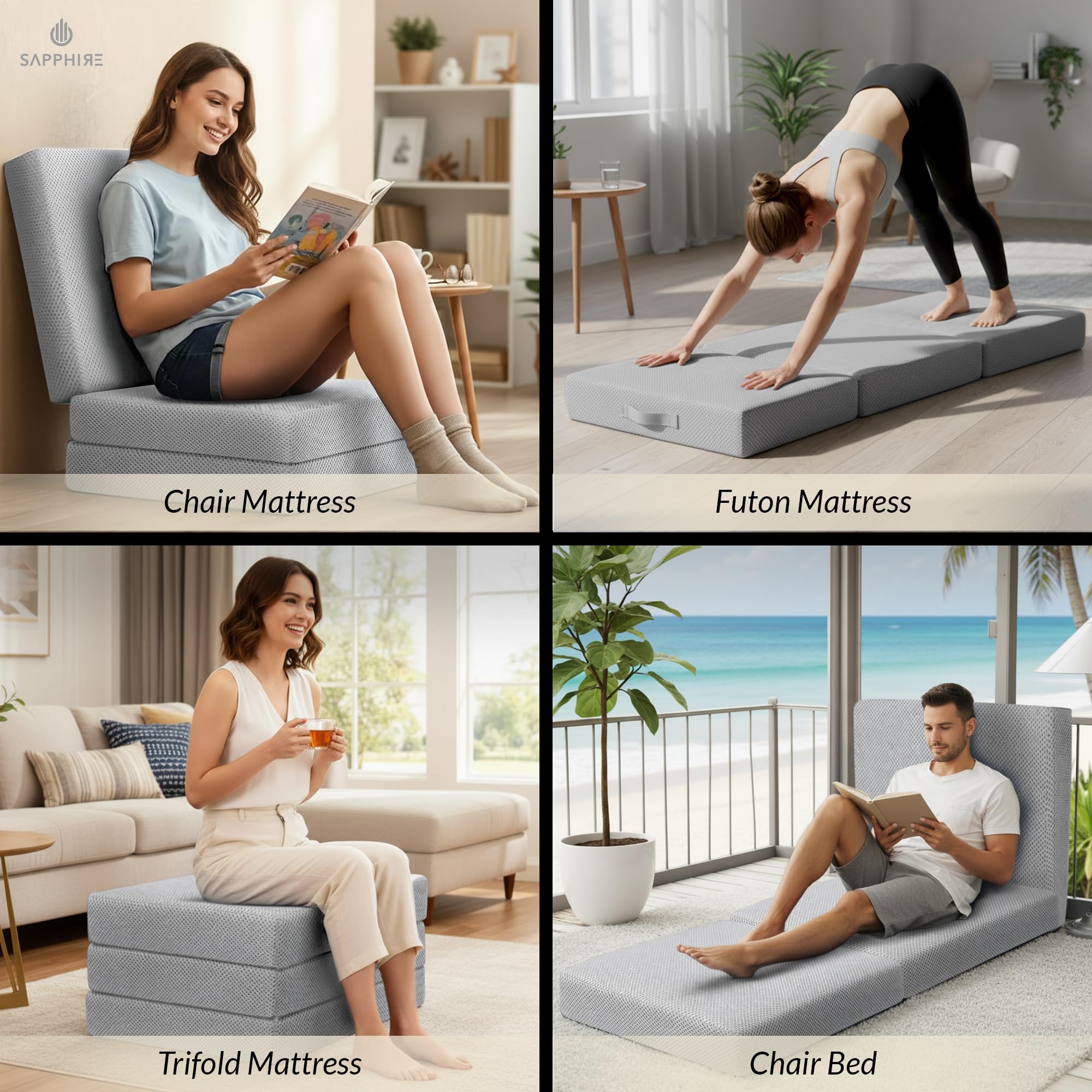 SAPPHIRE Faltmatratze Gästebett, Z-Bett, 100 % Schaumstoff-Füllung, dreifach gefaltet, Einzelbett, faltbarer Bodenbett, Würfel, Grau