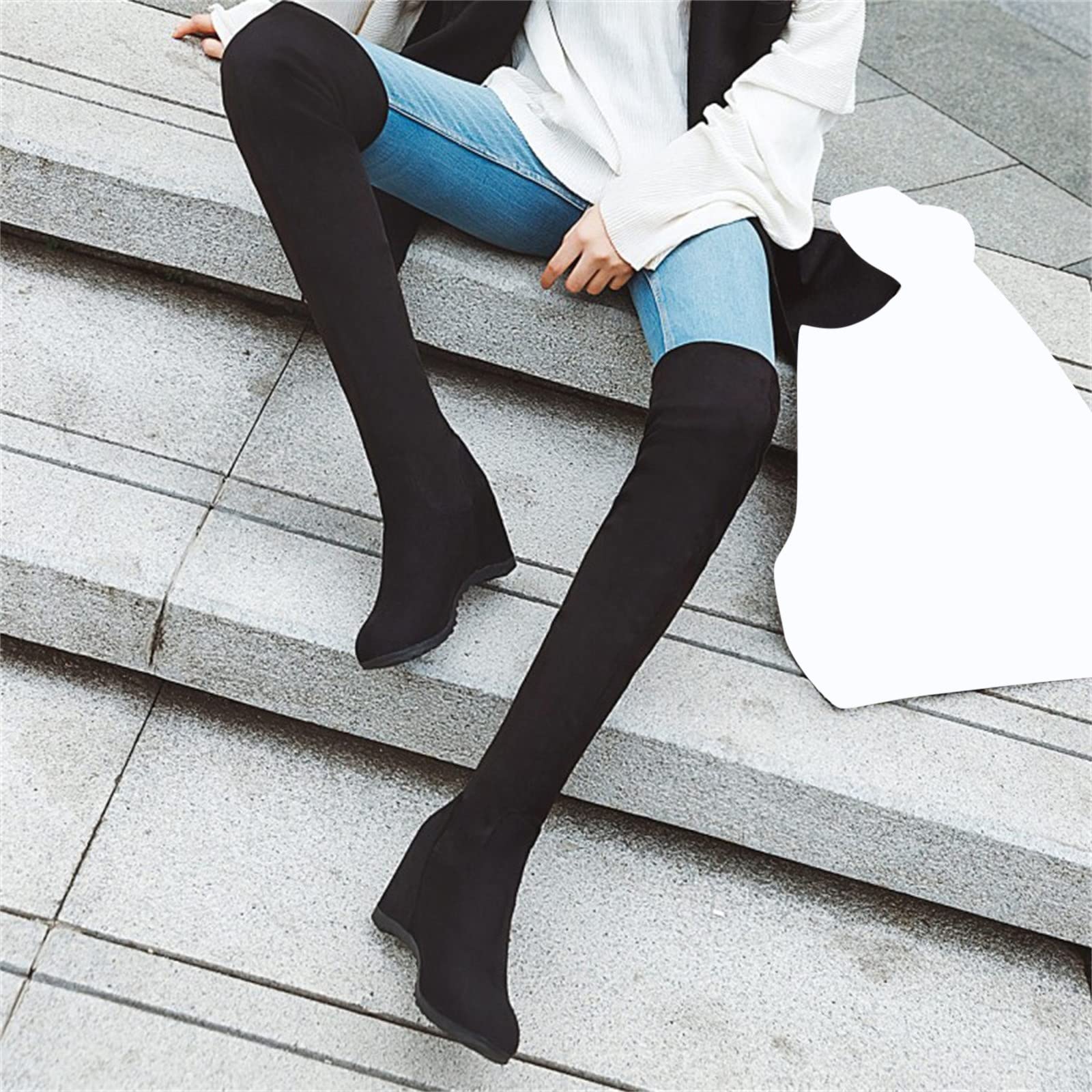 Overknees Stiefel Damen Mit Keilabsatz - Kniehoch-Stiefel Stretch Langschaftstiefel Kniehoch Wildleder-Stiefel Klassische Schlupfstiefel Rundzehe High-Heels-Stiefel Rutschfest Damenstiefel