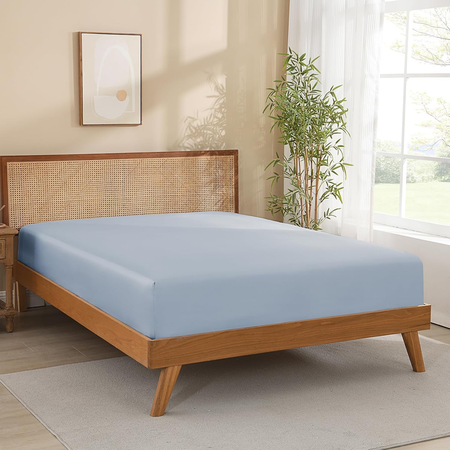 Queen Size Fitted Sheet Only, 100% Viscose from Bamboo, 300TC Sateen Weave, Silky Soft, Cooling, 16" Deep Pocket, All Round Elastic, No Slip, No Pilling, Blue