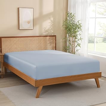 Queen Size Fitted Sheet Only, 100% Viscose from Bamboo, 300TC Sateen Weave, Silky Soft, Cooling, 16" Deep Pocket, All Round Elastic, No Slip, No Pilling, Blue