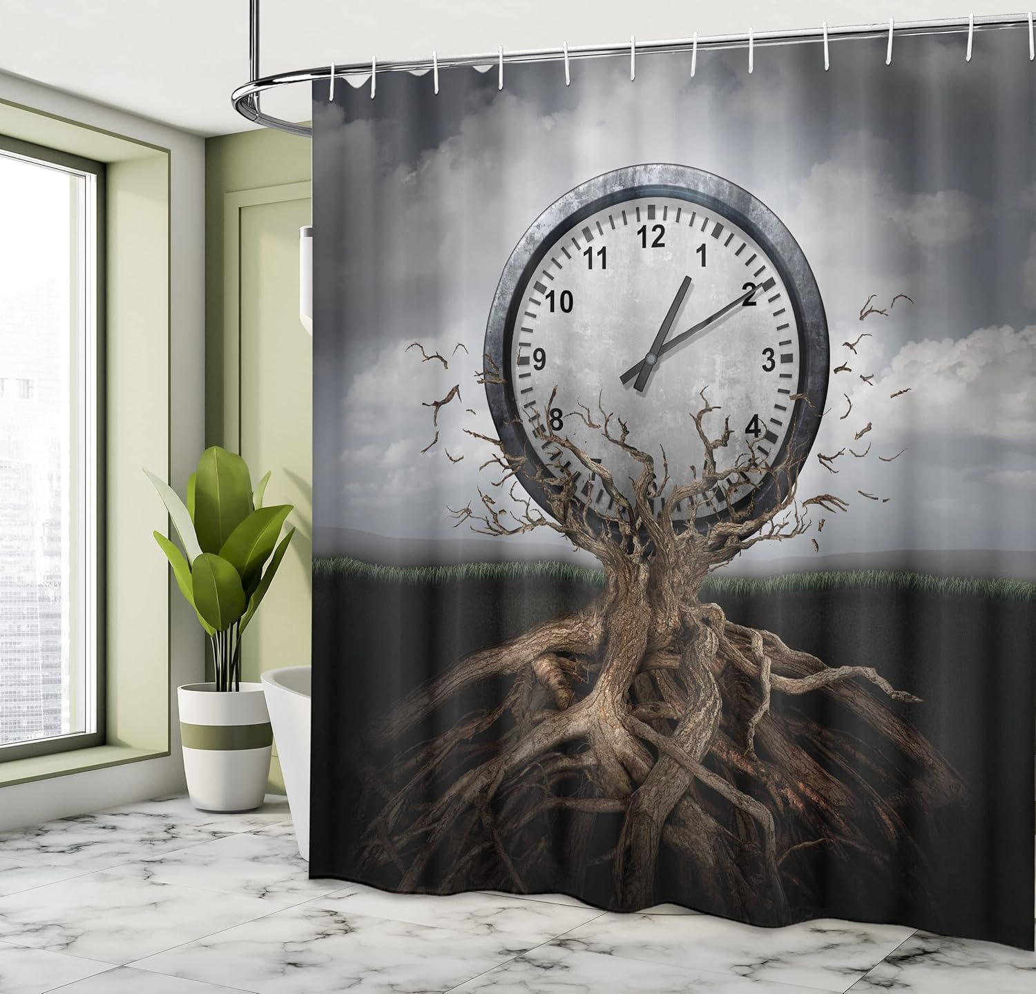Ambesonne Clock Shower Curtain, Vintage Clock Breaking Free from Tree Trunk Surrealistic for Strategy Print, Cloth Fabric Bathroom Decor Set with Hooks, 69" W x 70" L, Grey Multicolor