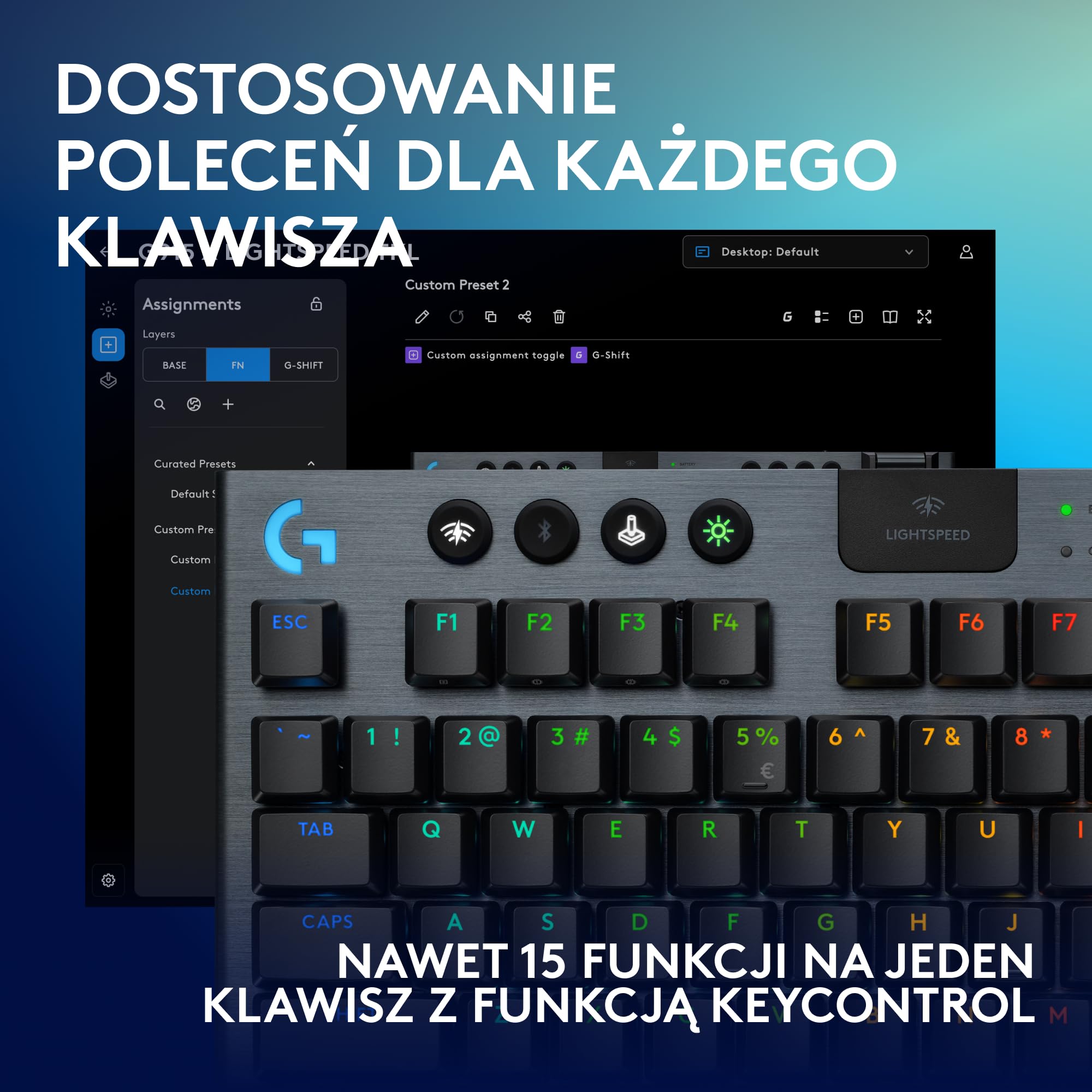 Logitech G G915 X, o płaskim profilu, z technologią LIGHTSPEED, podwójne nakładki na klawisze z PBT, aluminiowe wykończenie, brązowe przełączniki sprężynujące GL Brown, QWERTY US INT'L - Czarny