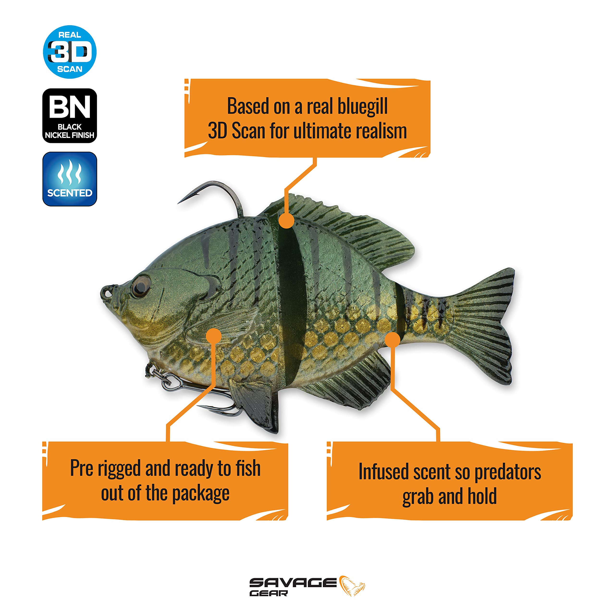 Savage Gear 3D Bluegill Fishing Bait, 3/4 oz, Light Gill, Realistic Contours & Movement, Durable Construction, Heavy-Duty Jig Fishing Hook, Built-in Rattle, Scent Infused