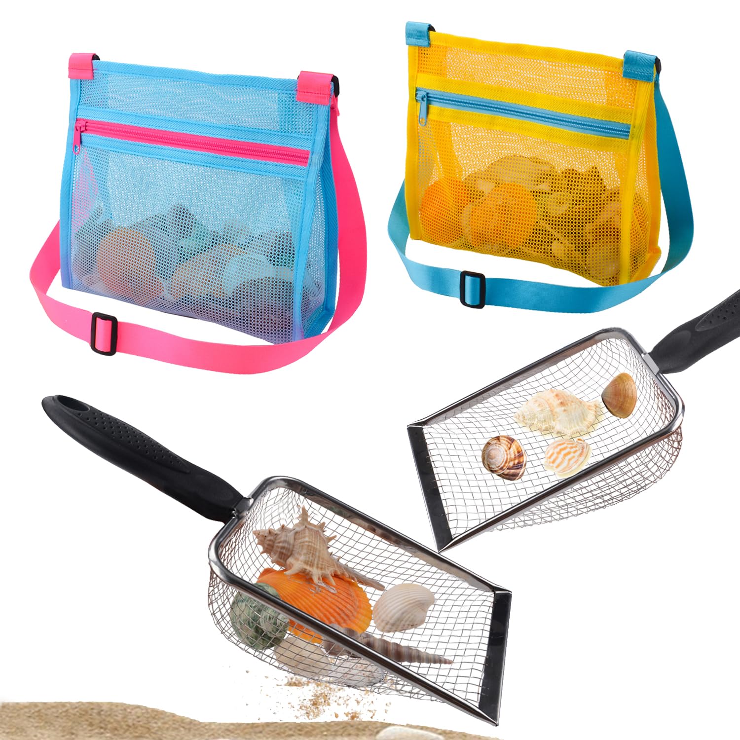 MUYIZI Beach Mesh Shovel with Mesh Shell Bags, Kids Filter Sand Scooper for Picking Up Shells,Shark Tooth Sifter Dipper for Boys and Girls,Beach Toys