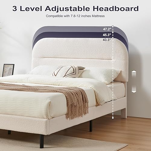 Miniatura 3 de Base de cama de tamaño matrimonial, marco de cama tapizado de tela suave de Teddy Boucle con cabecera ajustable, marco de cama de plataforma con