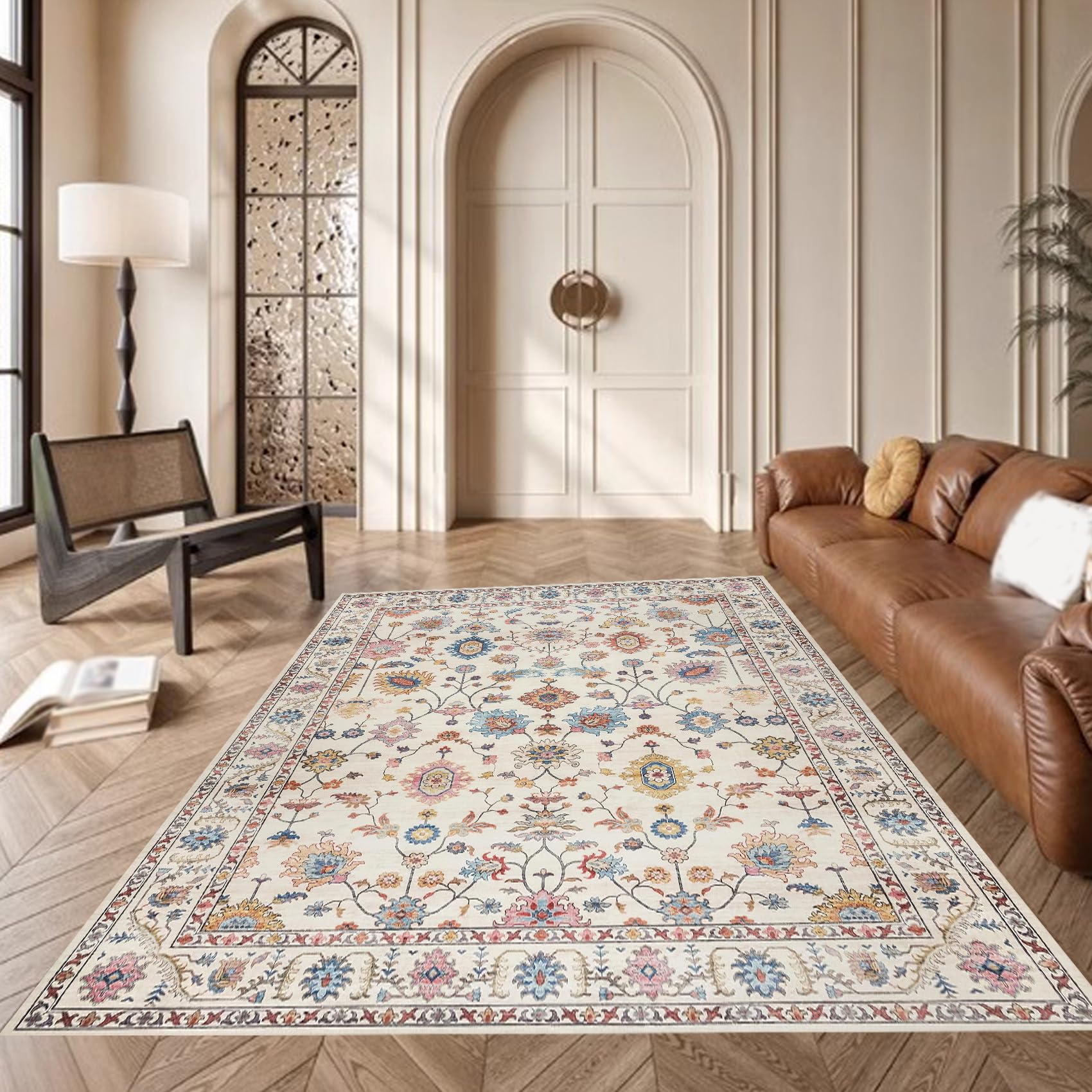 Nowoczesny kwiatowy wzór dywan z krótkim włosiem, duży, 160 x 230 cm, beżowy, kremowy, z żółtymi i różowymi akcentami, idealny do dekoracji salonu, miękka i stylowa wykładzina podłogowa do domu