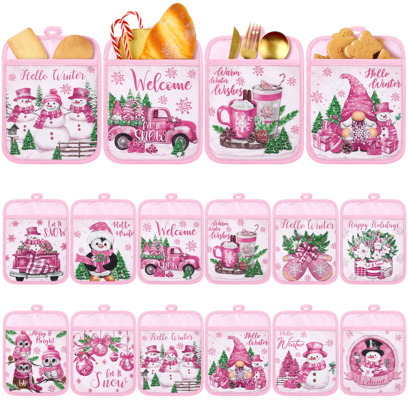 Jingmore Topflappen mit Tasche, Motiv: Hello Winter, Topflappen, Geschenk, Großpackung Schneemann, Zwerg, hitzebeständig, heiße Pads, Ofenhandschuhe, niedliche Schneeflocke, Ofenhandschuhe für