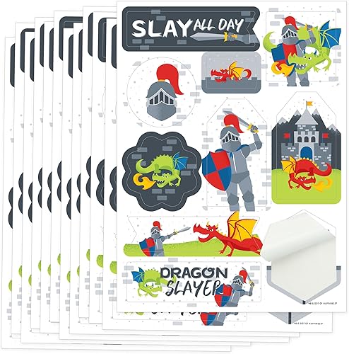 Big Dot of Happiness Calling All Knights and Dragons - Juego de calcomanías medievales para fiestas o cumpleaños, 12 hojas, 120 calcomanías
