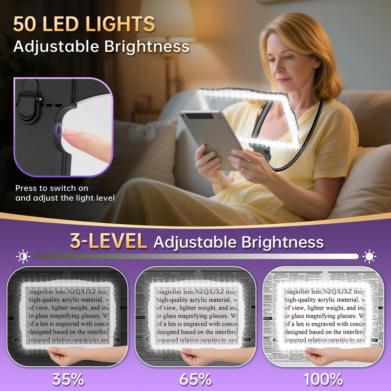 NZQXJXZ 10X Lupa con Luz, Lupa para Leer Libros con Manos Libres, Lupa Lectura de Página Completa con Cuello de Cisne Flexible para Costura, Reparación y Baja Visión, 27 x 20 cm