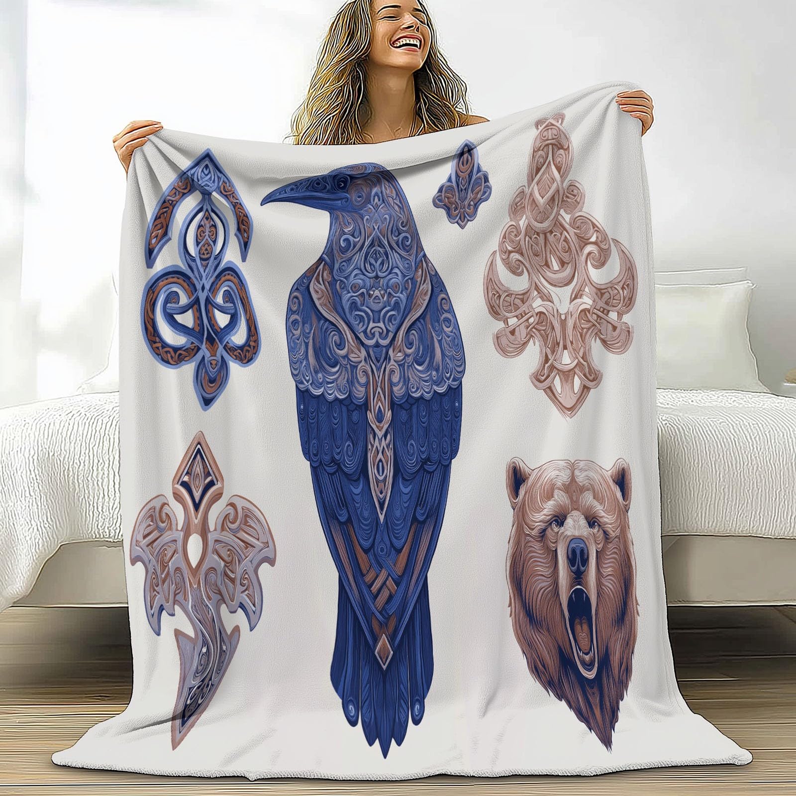 Miękki wielokolorowy koc sherpa 220 x 240 cm dla dzieci i dorosłych, retro tatuaż, runy, wrony, nadruk flanelowy, hipoalergiczny, ciepły koc na łóżko, nadaje się do prania, na sofę, krzesło, do salonu