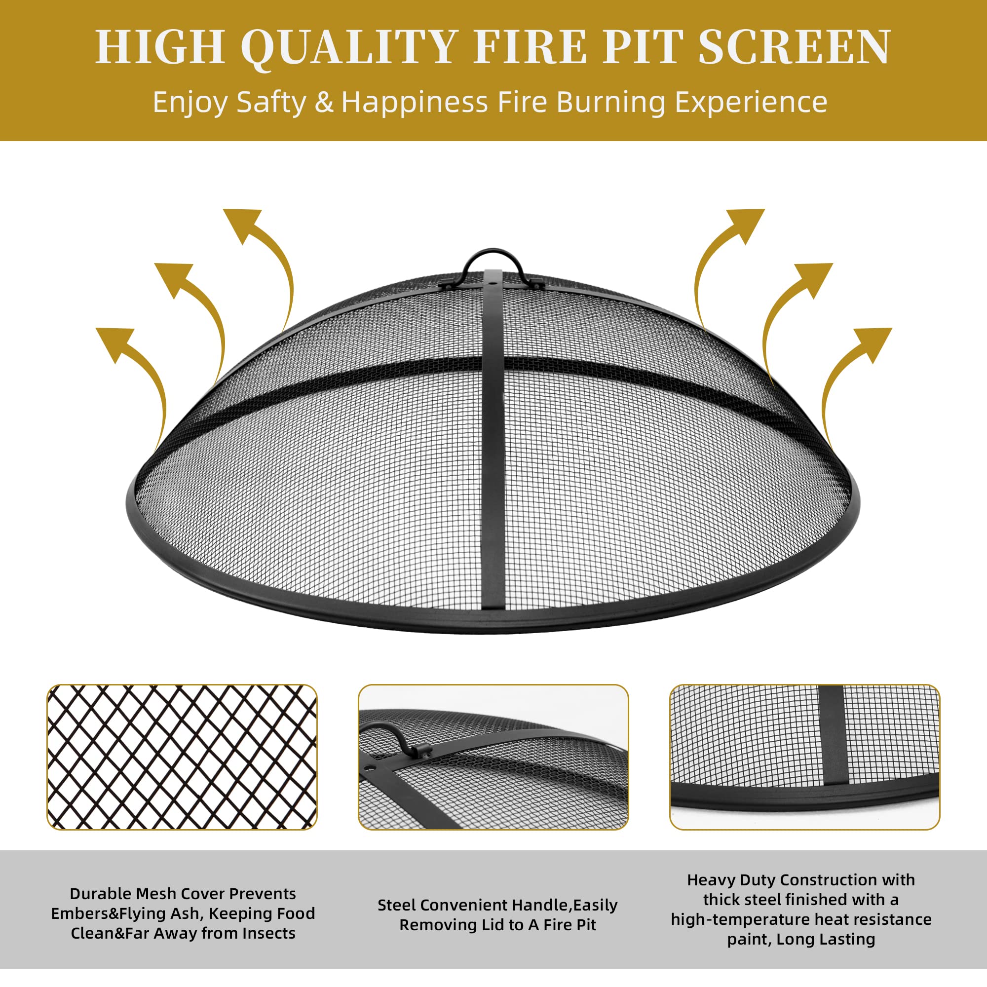 24Inch Round Fire Pit Spark Screen Cover,Outdoor Patio Mesh FirePit Screens,Heavy Duty Steel Domed Fire Pit Ember Guard with Handle