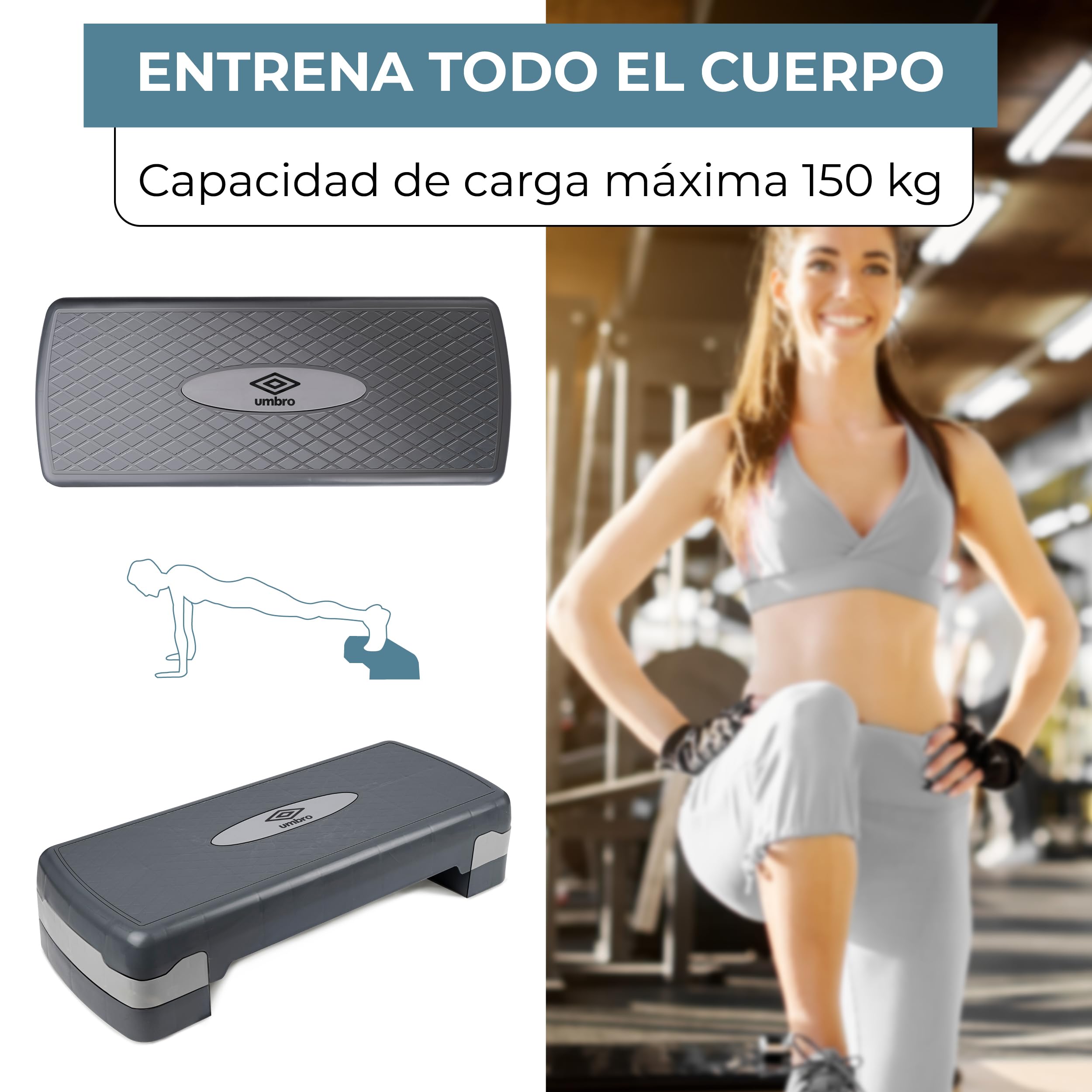 Umbro Steps Fitness - Gimnasio en Casa Stepper Ajustable en Altura de 10-15 cm - Step con Capa Antideslizante - Media Plataforma - Plataforma Aeróbica - Gris