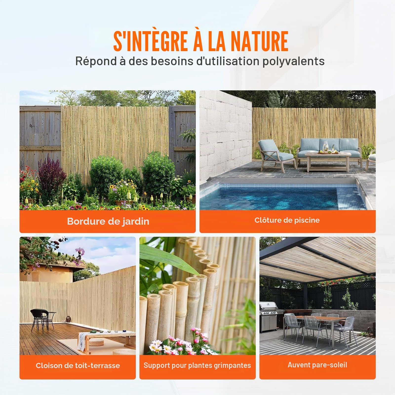VEVOR Clôture en Bambou Naturel, 1,8 x 1,2 m, Brise-vue de Confidentialité, Rouleau Protection Décoratif en Bambou, Écran d'Intimité pour Jardin, Arrière-cour, Balcon, Patio, Bord de Piscine, Terrasse