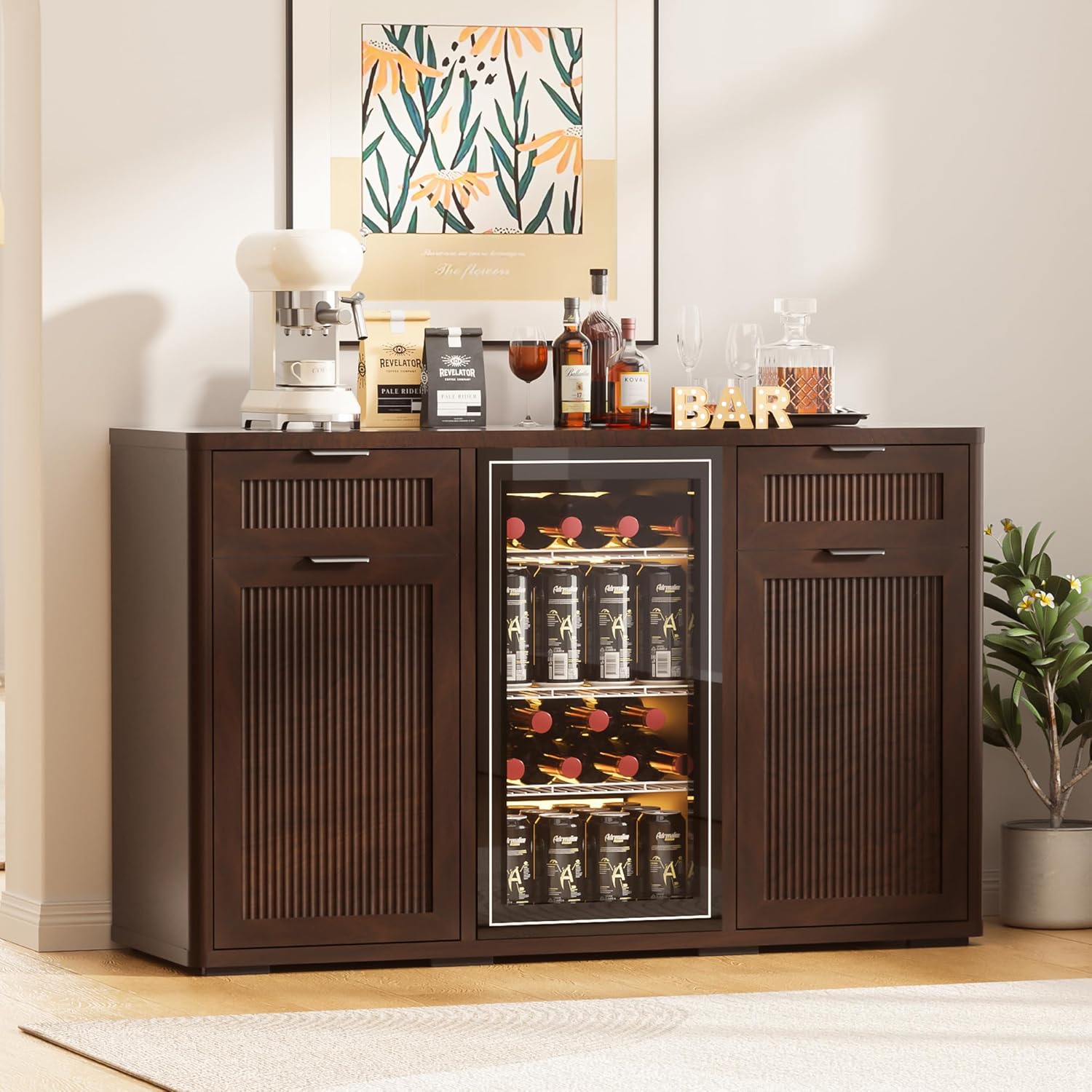 AHB Wine Bar Cabinet with Mini Fridge Space, Liquor Coffee Cabinet with Hidden Trash Cabinet, Buffet Sideboard for Living Room, Kitchen, Dining Room