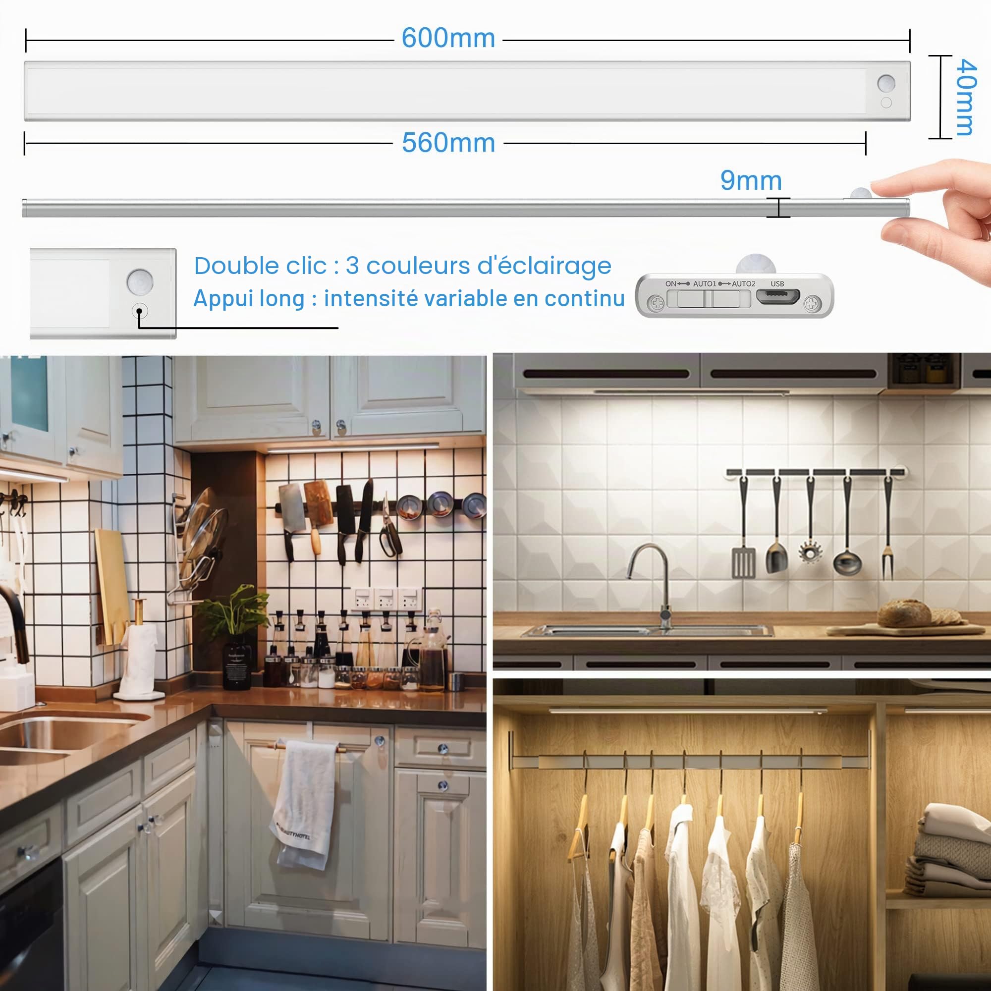 Led Lampe Dimmable de Placard 60cm, Applique Murale sans Fil avec Détecteur de Mouvement Interieur, Réglette Led Rechargeable sous Meuble Cuisine à 3 Modes d'Eclairage