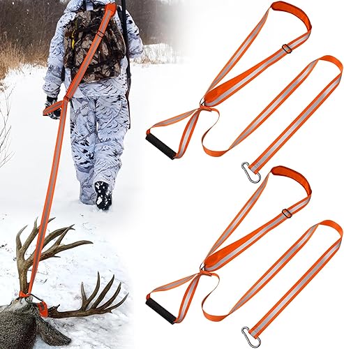TOBWOLF Paquete de 2 correas de arrastre y arnés de ciervo resistente, correa de arrastre de ciervos de caza con mango antideslizante, correa