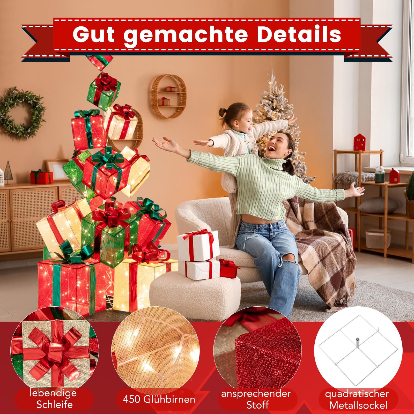 GOPLUS 15er Set LED Geschenkbox, 170cm Weihnachtsboxen Deko stapelbar mit 450 Lichtern, beleuchtete Weihnachtsdeko mit Schleifen & Metallständer für Weihnachtsbaum Zuhause Schaufenster Gartenrasen