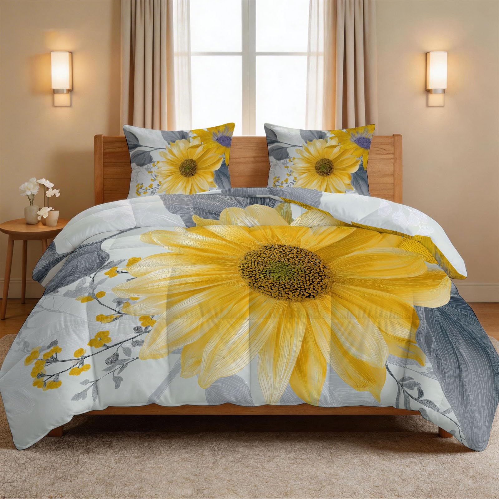 Piumino da 135 x 200 cm, 4 stagioni, con girasole botanico, fiori sparsi, caldo, delicato sulla pelle, per tutto l'anno, 135 x 200 cm, moderno, senza rivestimento, lavabile, con 2 federe da 80 x 80 cm