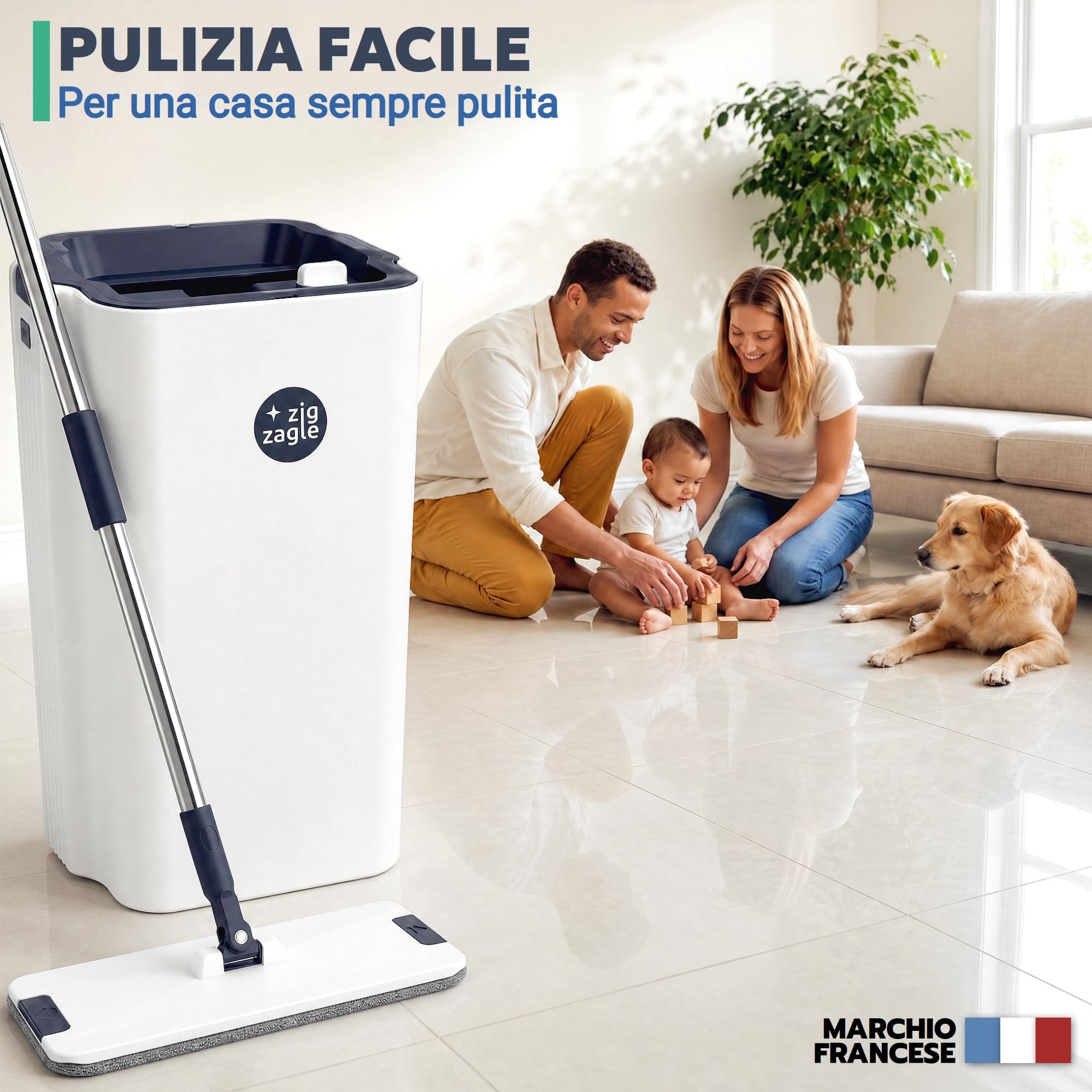 Set di mocio piatto e secchio, lavapavimenti Pure Water System, Separazione Acqua Sporca e Pulita: Ultra Igienico Pulizia Facile, Mocio Piatto Microfibra, Autopulente, Secchio Strizzatore