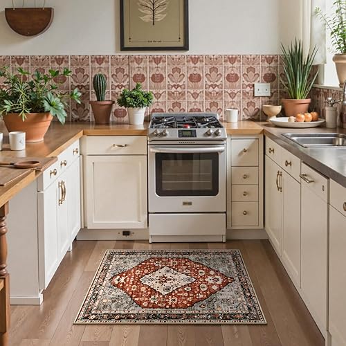 Miniatura 2 de Lahome Alfombra tribal bohemia de 2 x 3 pulgadas, pequeña, color rojo, oriental, para dormitorio, suave, lavable, antideslizante, alfombra de baño