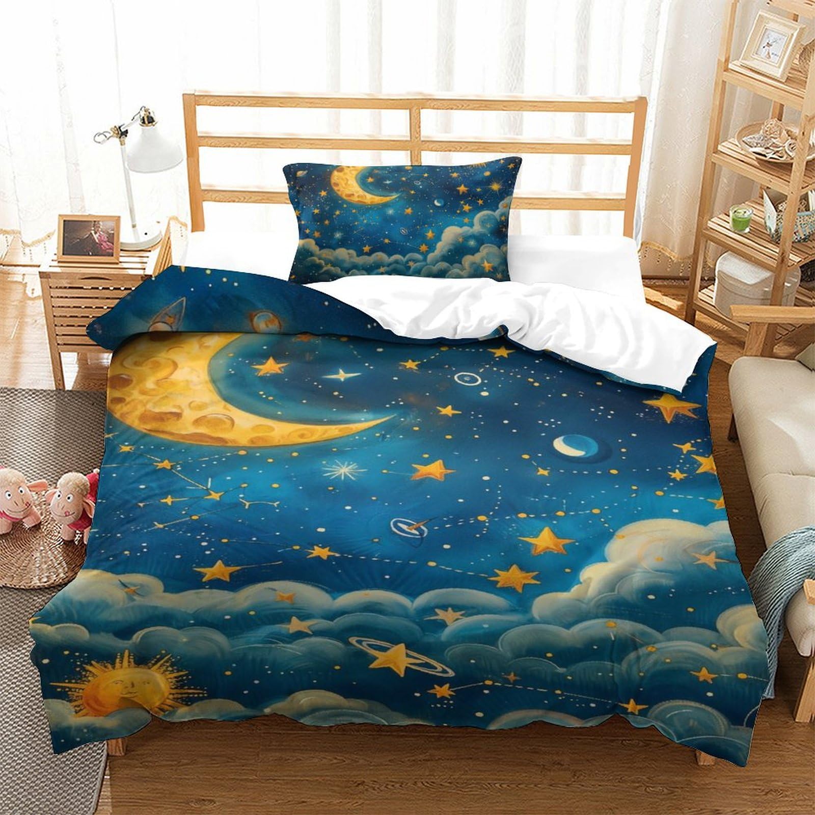 Parure de lit microfibre 135x200 motif ciel nocturne 3D avec housse de couette single et taie