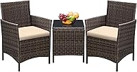 Greesum 3-Piece Outdoor Rattan Wicker Patio Set with Cushions & Glass Table - Brown Beige for Garden Porch Poolside