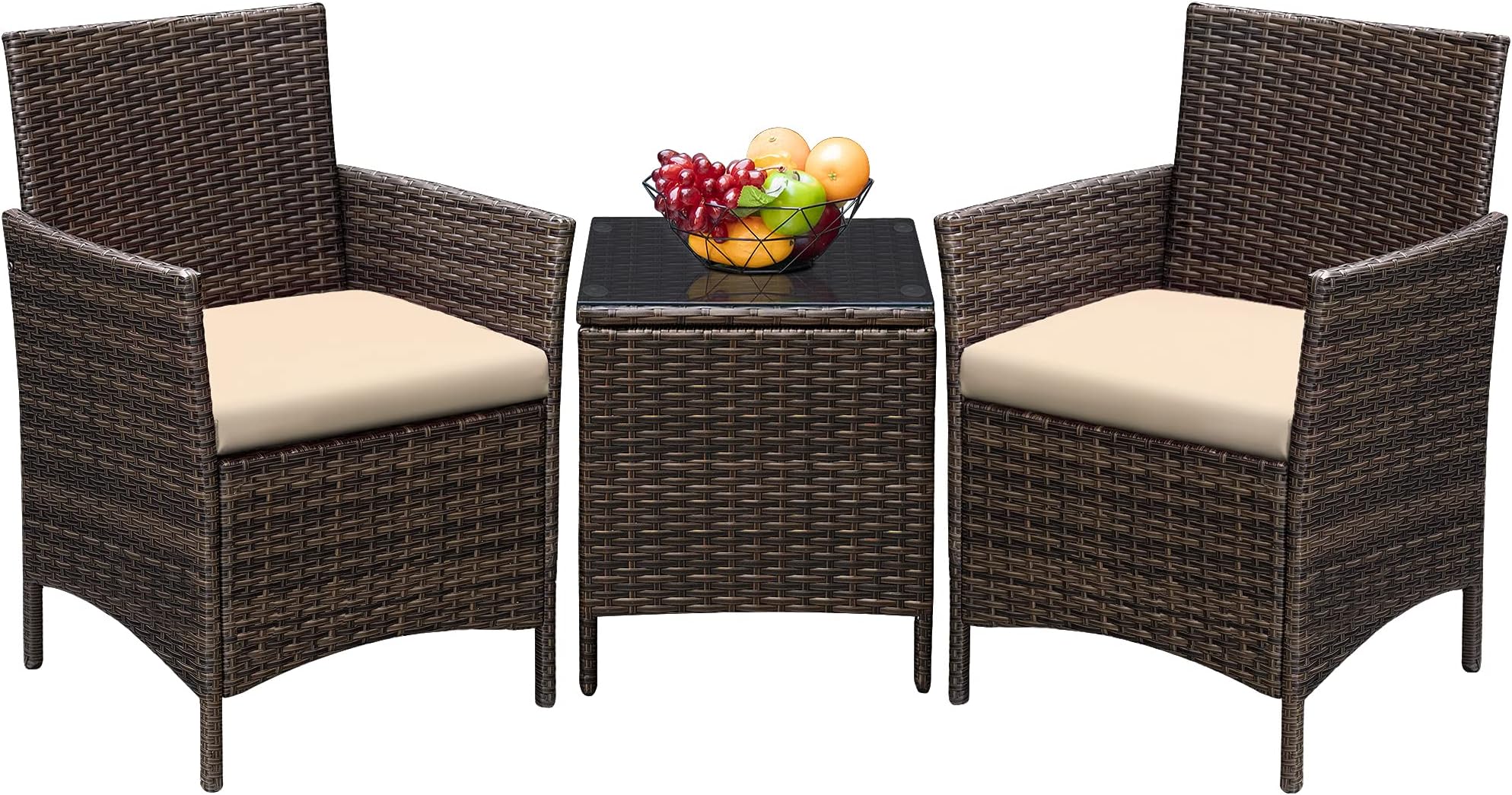 Greesum 3 Pieces Patio Furniture Sets Outdoor PE Rattan Wicker Chairs with Soft Cushion and Glass Coffee Table for Garden Backyard Porch Poolside, Brown and Beige