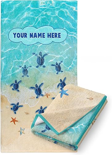 Toalla de playa personalizada de tortuga de verano para niños o adultos con nombre personalizado para niños o niñas, microfibra absorbente y algodón