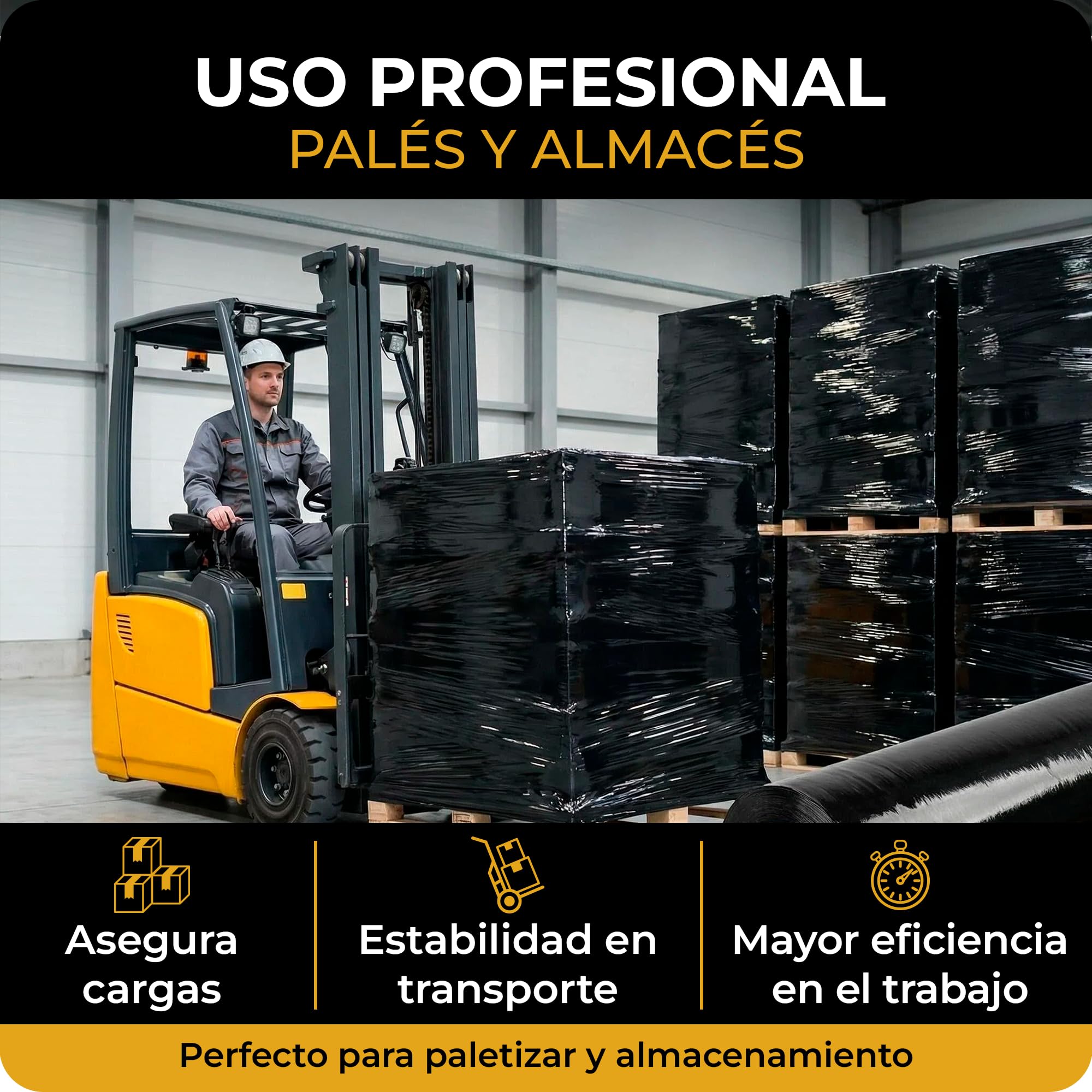 6 x Film Estirable Negro 25 Micras 50 cm x 2 Kg | Coreless System con Hasta un 20% Más Film Útil | Film para Paletizar Palets, Embalaje Profesional, Mudanzas, Almacén y Logística | Cia&Co (Pack de 6)