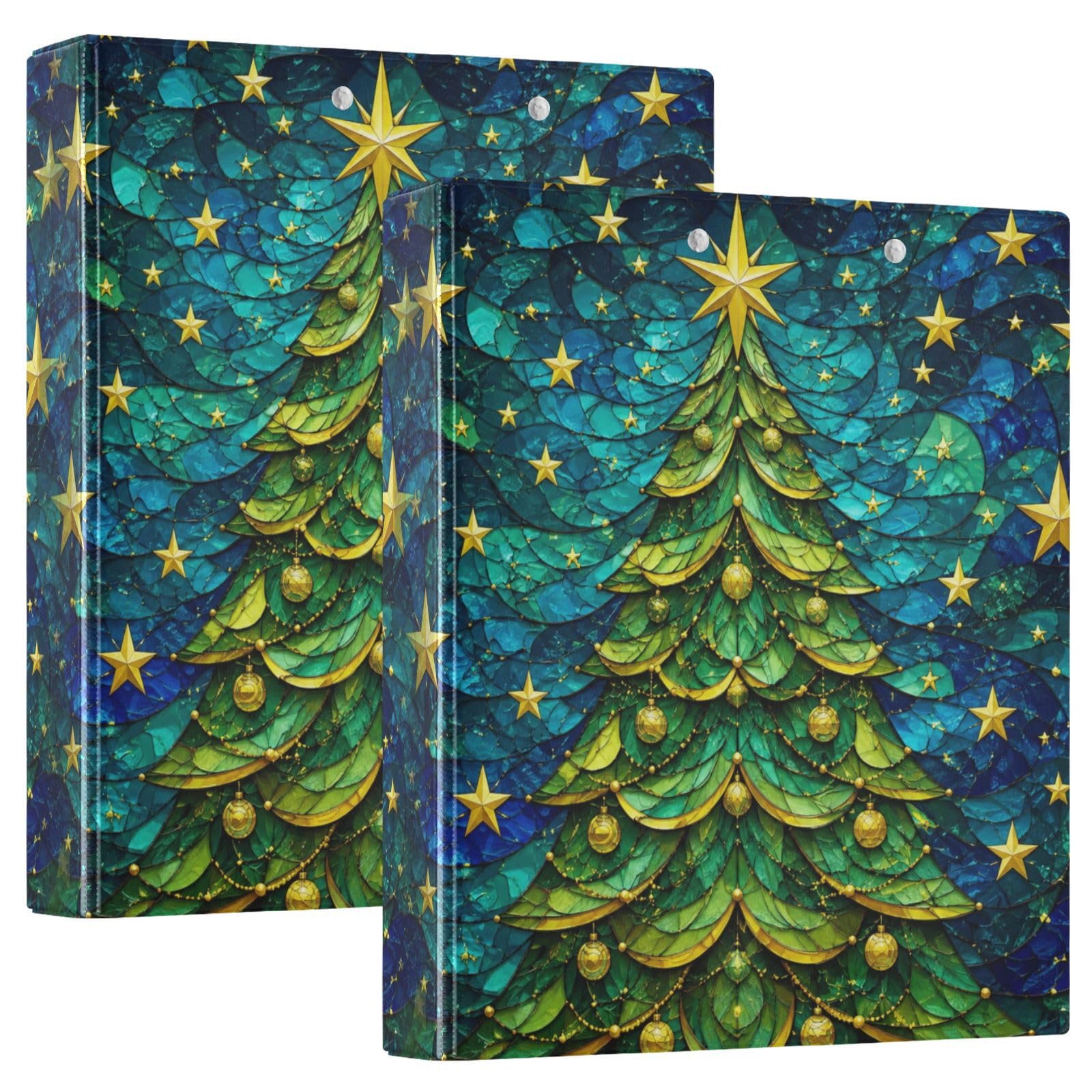 Christmas Tree Stars Waves 3 Ring Binder with 2 Interior Pockets 1.5 inch Binders 3 Ring Heavy Duty Fit 8.5" x 11" Letter Size for Office School, 2 Pack