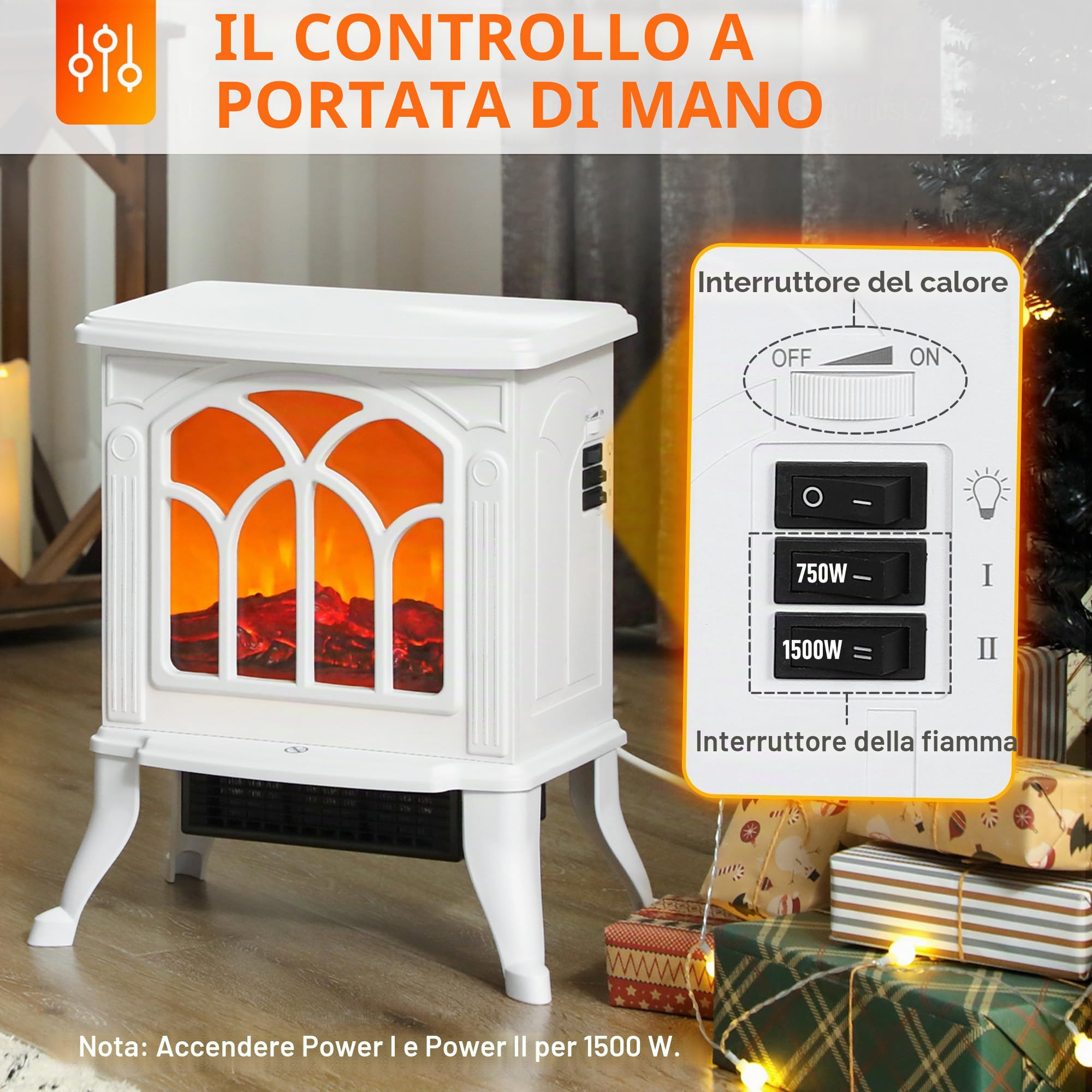 HOMCOM Camino elettrico su piedistallo 750/1500 W, falso camino decorativo con effetto fiamma LED, protezione contro il surriscaldamento, area di copertura 15-20 m², bianco