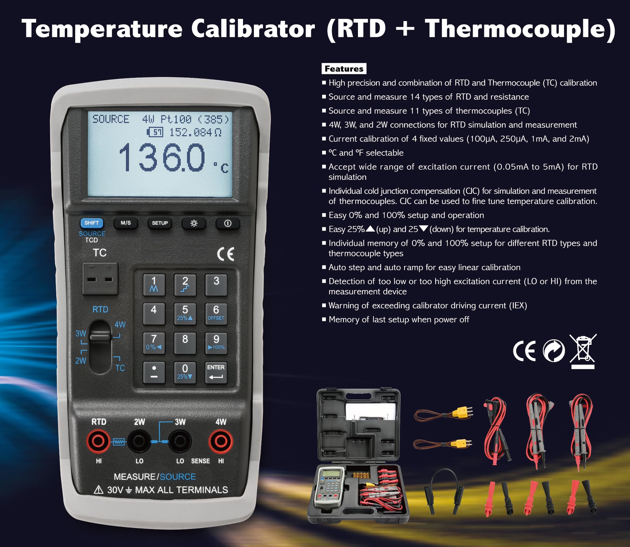 Taiwan Quality PROVA 136 Temperature Calibrator (RTD + TC) High Accuracy Temperature Calibrator High Precision Combination of 14 Types of RTD and 11 Types of thermocouples Calibration