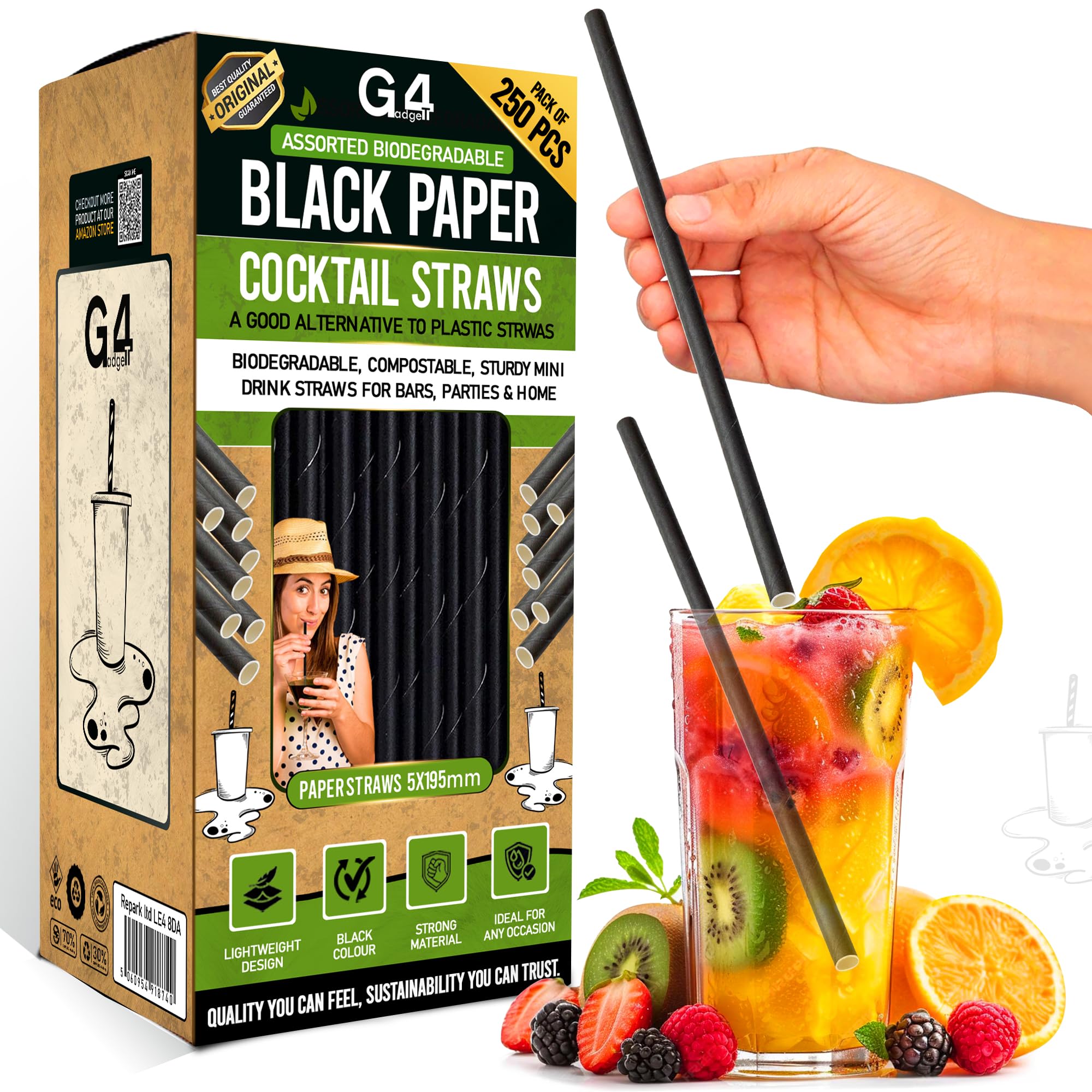G4GADGET Black Paper Straws 250 Pack – Biodegradable 8" Drinking Straws | Eco-Friendly, Compostable, Durable Paper Straw for Parties, Cocktails, Smoothies & Everyday Use