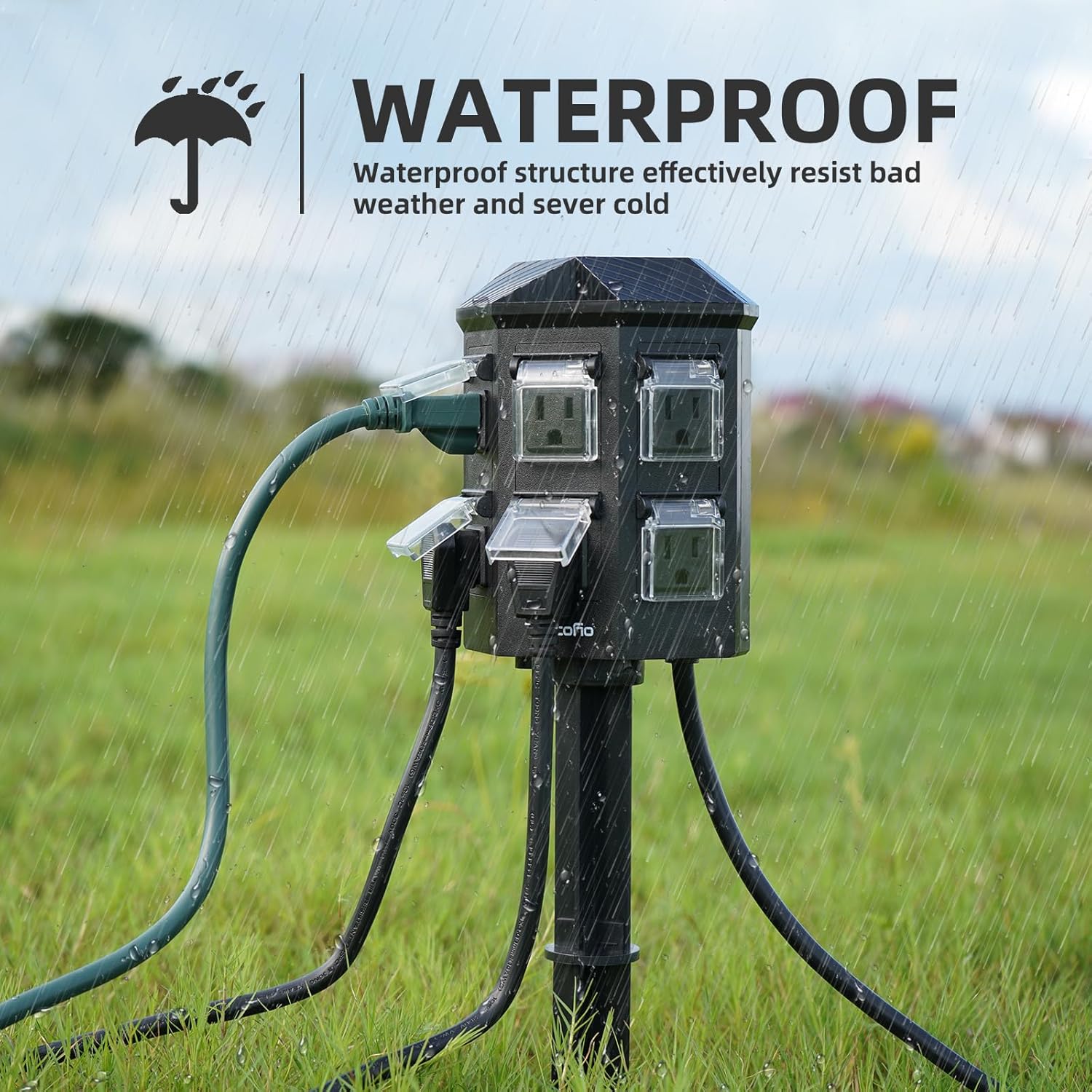 Tiffcofio power strip installed with stake in rainy outdoor conditions