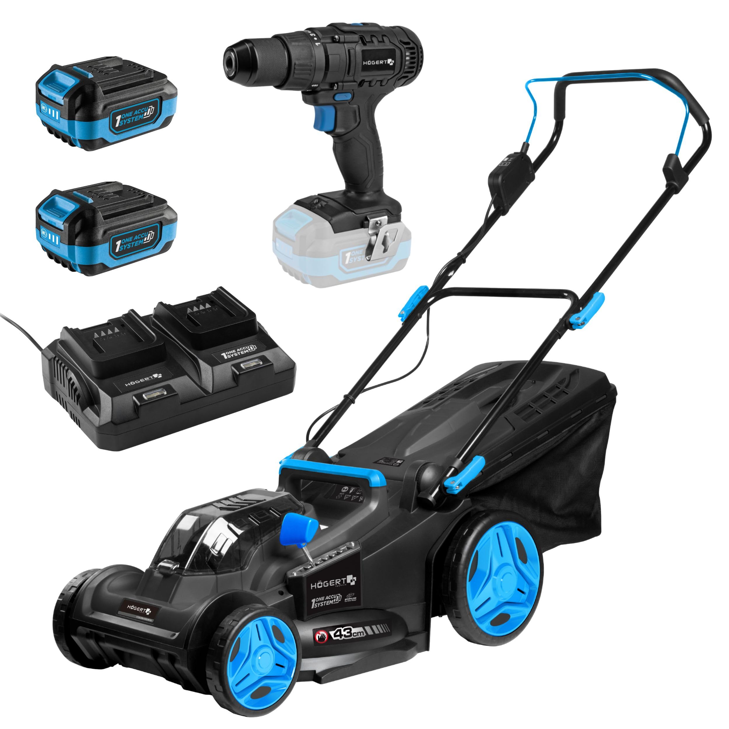 HÖGERT TECHNIK - Set cortacésped con batería 43 cm 2x18V con Taladro Atornillador 50 NM, 2X baterías de 4,0 Ah y Cargador Duo, cortacésped eléctrico sin escobillas Set Completo para jardín y Taller