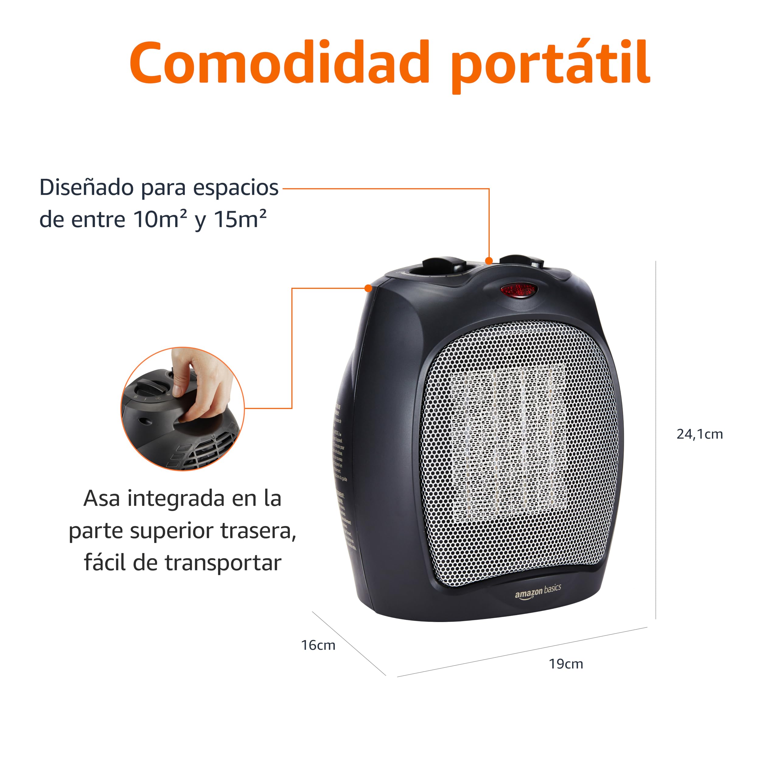 Amazon Basics Calefactor de cerámica, 1800 W, con termostato ajustable, Negro