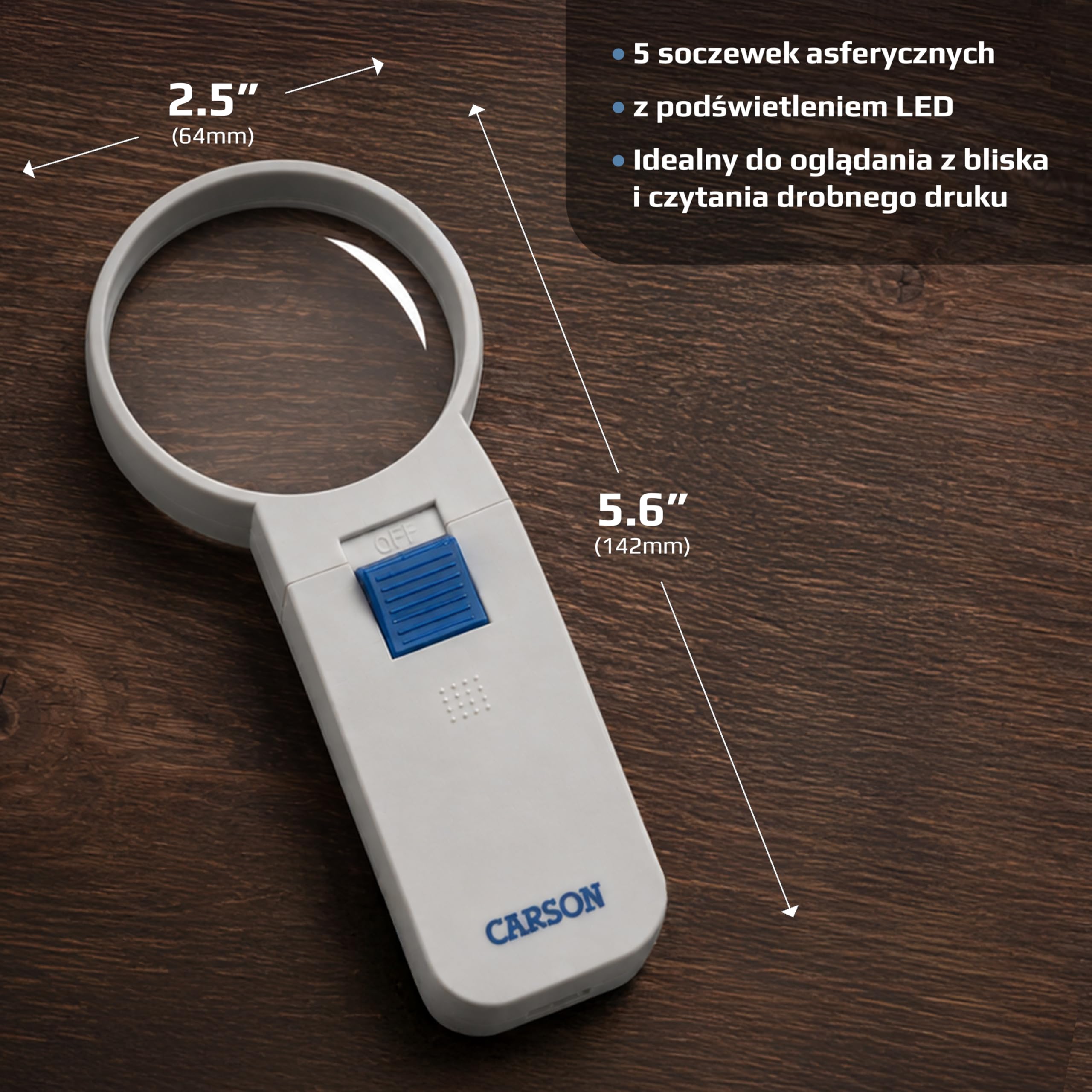 Carson Podświetlana dioda LED 5X ręczna lupa asferyczna 5 cm (SV-50), biała