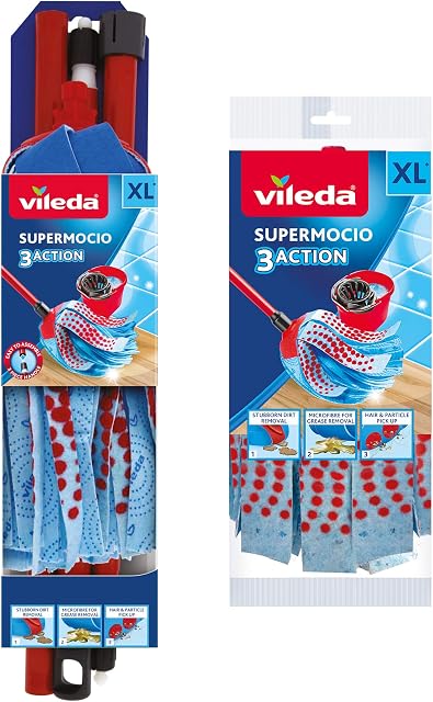Vileda SuperMocio 3Action XL Compact Floor Mop with Extra Head Replacement, Mop for Cleaning Floors, Set of 1x Mop and 1x Refill